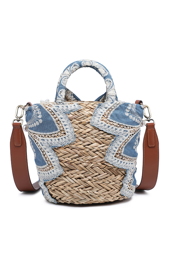 KASSANDRA Chic Blue Denim Floral Lace Bucket Bag