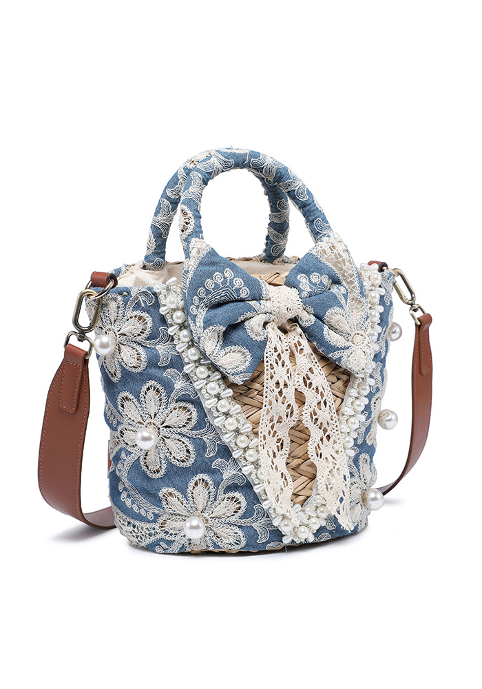 KASSANDRA Chic Blue Denim Floral Lace Bucket Bag