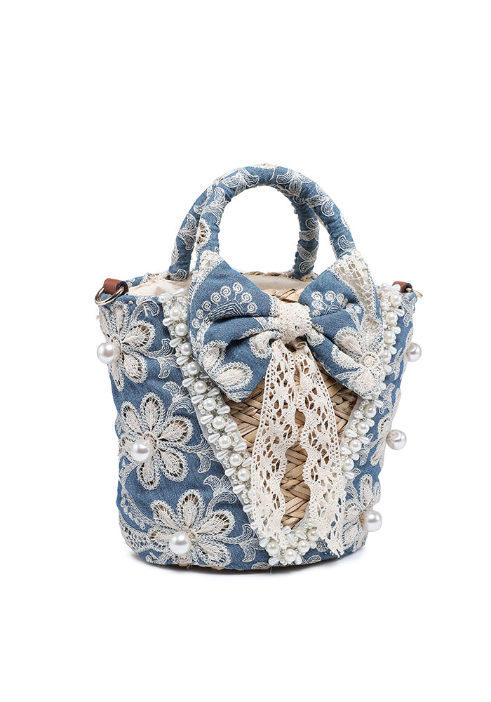 KASSANDRA Chic Blue Denim Floral Lace Bucket Bag