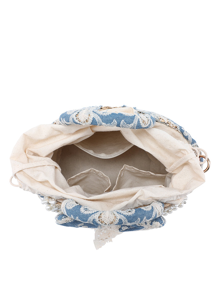 KASSANDRA Chic Blue Denim Floral Lace Bucket Bag