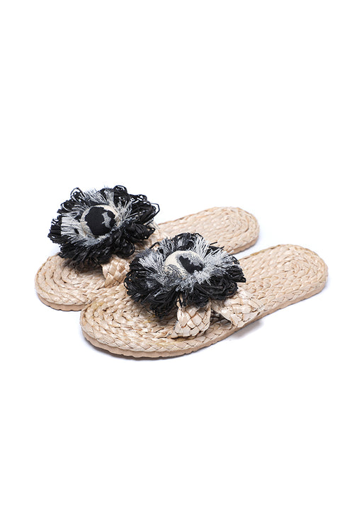 KASSANDRA Boho Chic Floral Raffia Slides Black