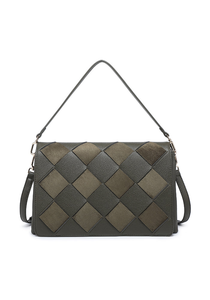 Woven Patchwork Accordion Flap Shoulder Bag