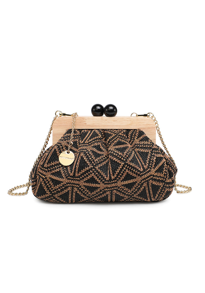 KASSANDRA Elegant Textured Fabric Clutch with Wooden Frame Dark Brown