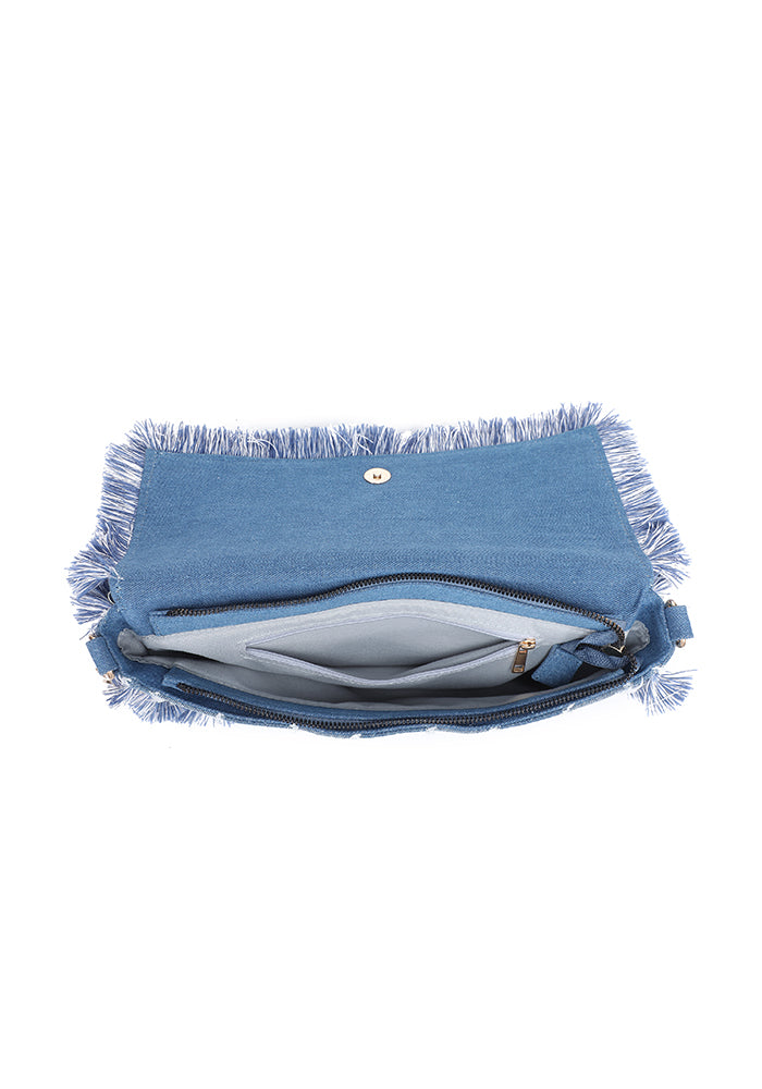 KASSANDRA Fringe Denim Crossbody Bag with Striped Design