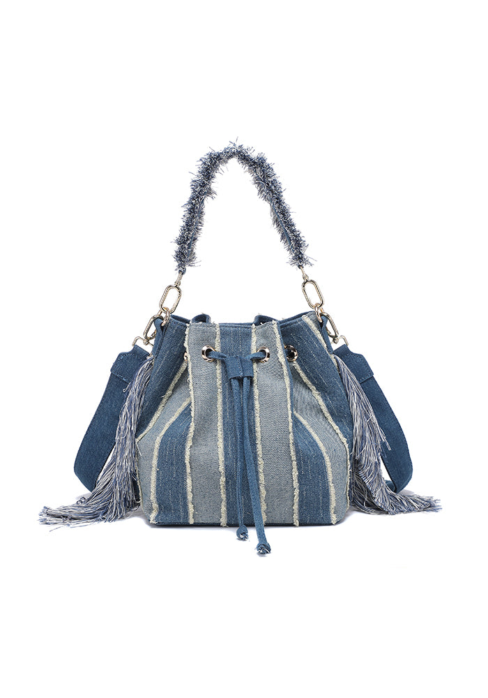 KASSANDRA Fringe Denim Bucket Bag with Striped Design Beige