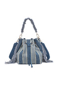 KASSANDRA Fringe Denim Bucket Bag with Striped Design Beige