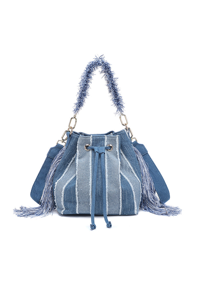 KASSANDRA The Monopoli – Fringe Denim Bucket Bag White