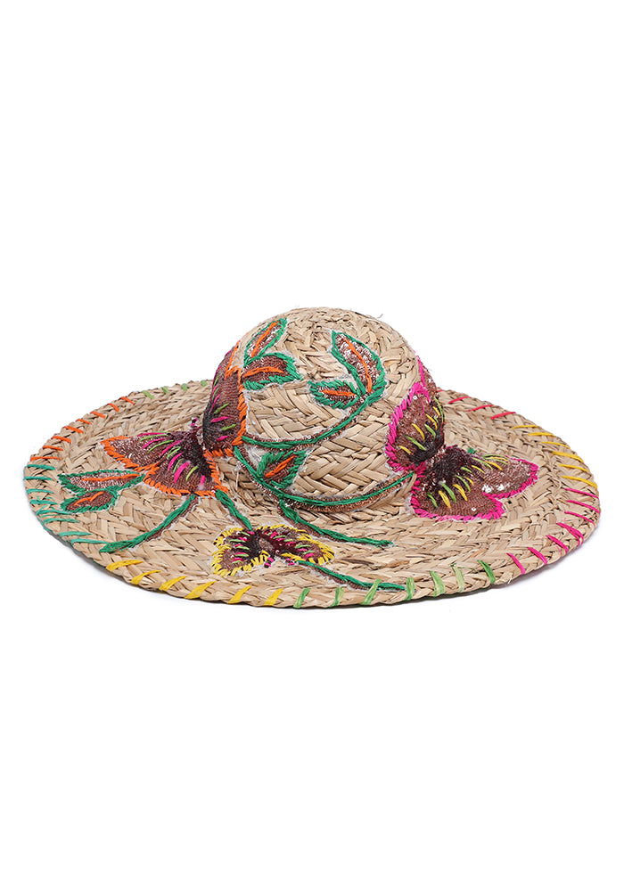 KASSANDRA Butterfly Embroidered Straw Hat Orange