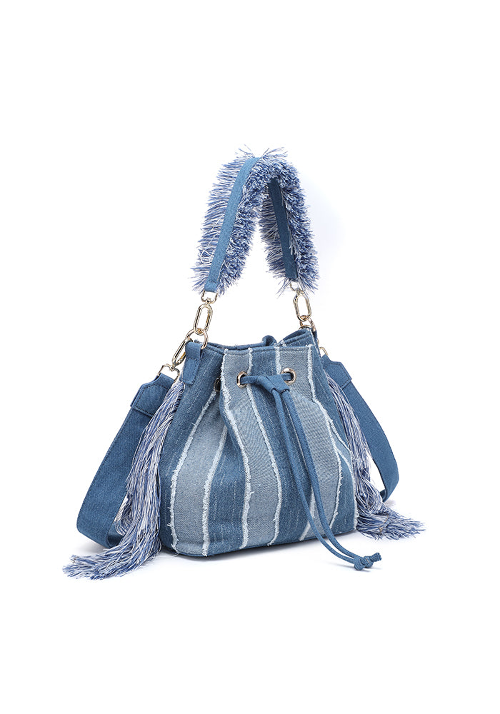 KASSANDRA Fringe Denim Bucket Bag with Striped Design