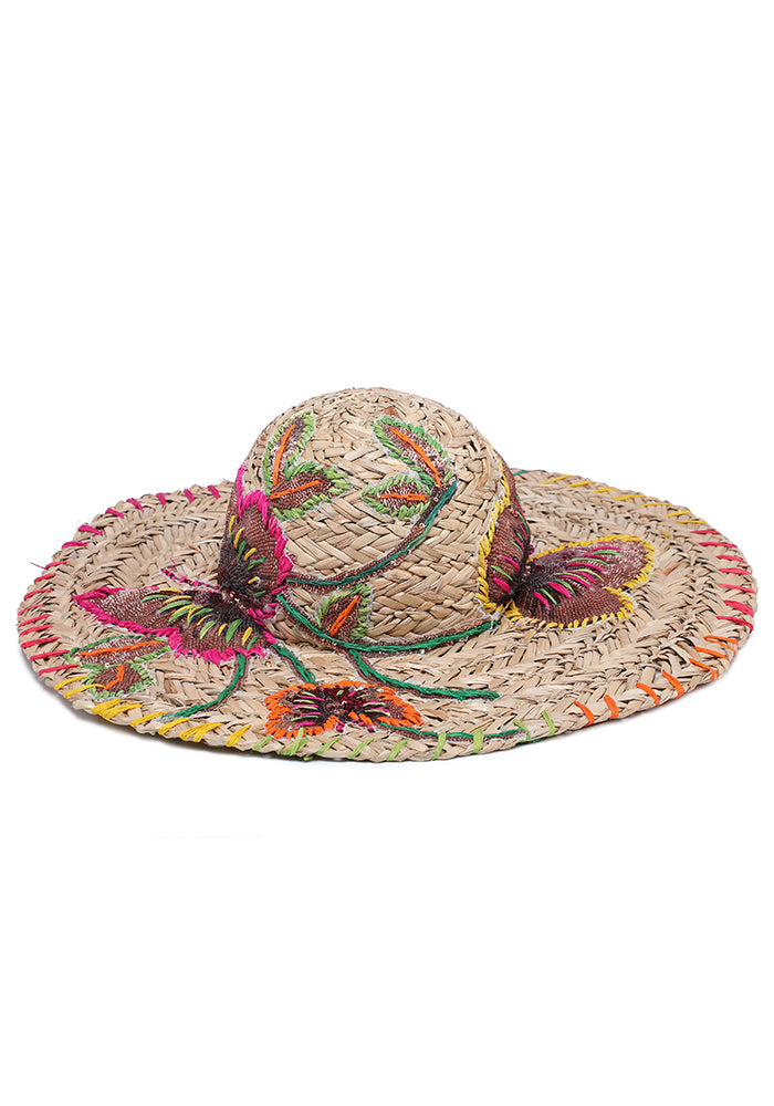 KASSANDRA Butterfly Embroidered Straw Hat Pink