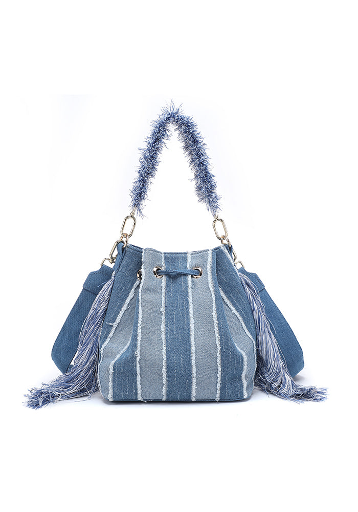 KASSANDRA Fringe Denim Bucket Bag with Striped Design
