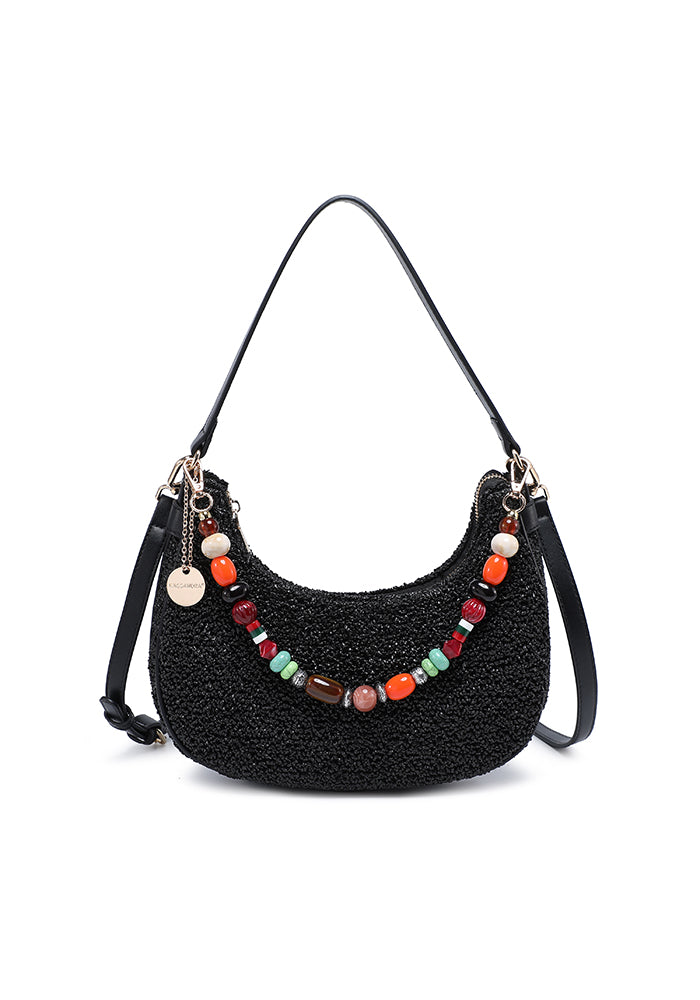 KASSANDRA Beaded Accent Crochet Hobo Bag Black