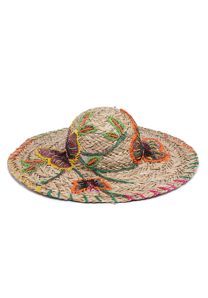 KASSANDRA Butterfly Embroidered Straw Hat Yellow