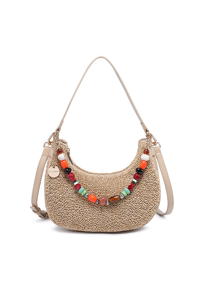 KASSANDRA Beaded Accent Crochet Hobo Bag Beige