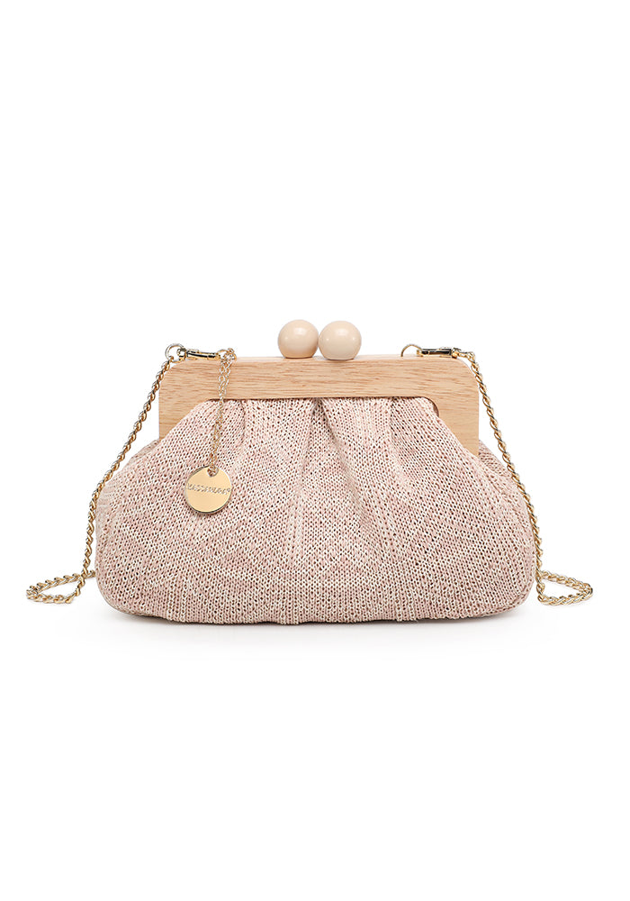 KASSANDRA Elegant Textured Fabric Clutch with Wooden Frame Pink