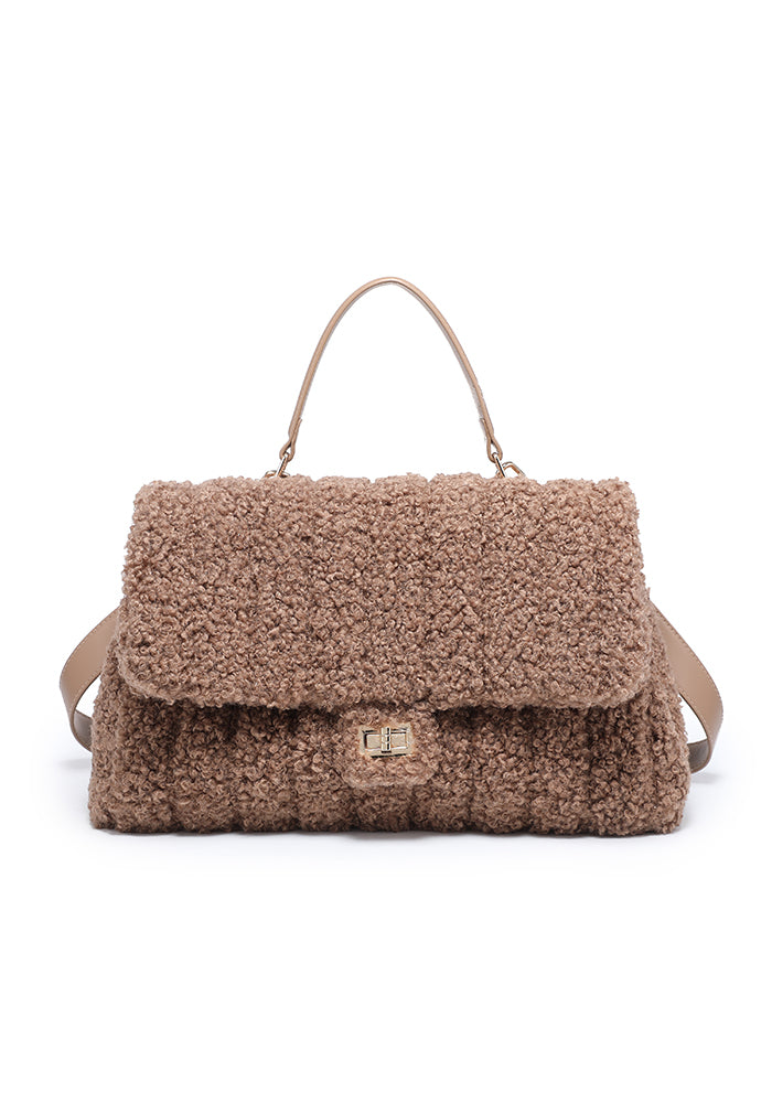 Teddy Bouclé Flap Satchel with Turn-Lock