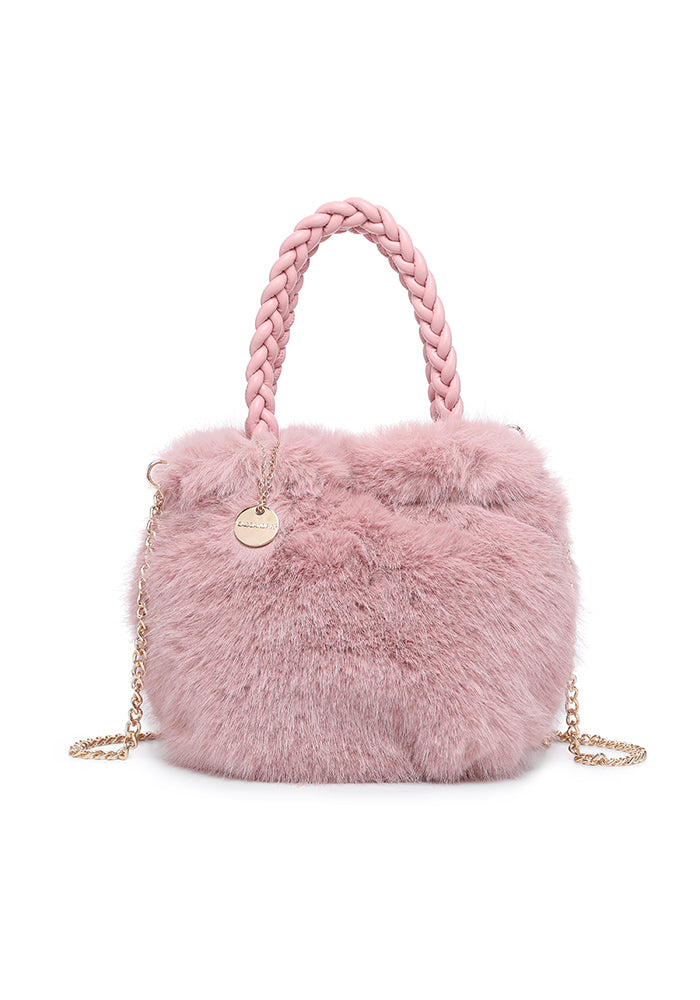 Faux Fur Braided-Handle Mini Bucket Tote
