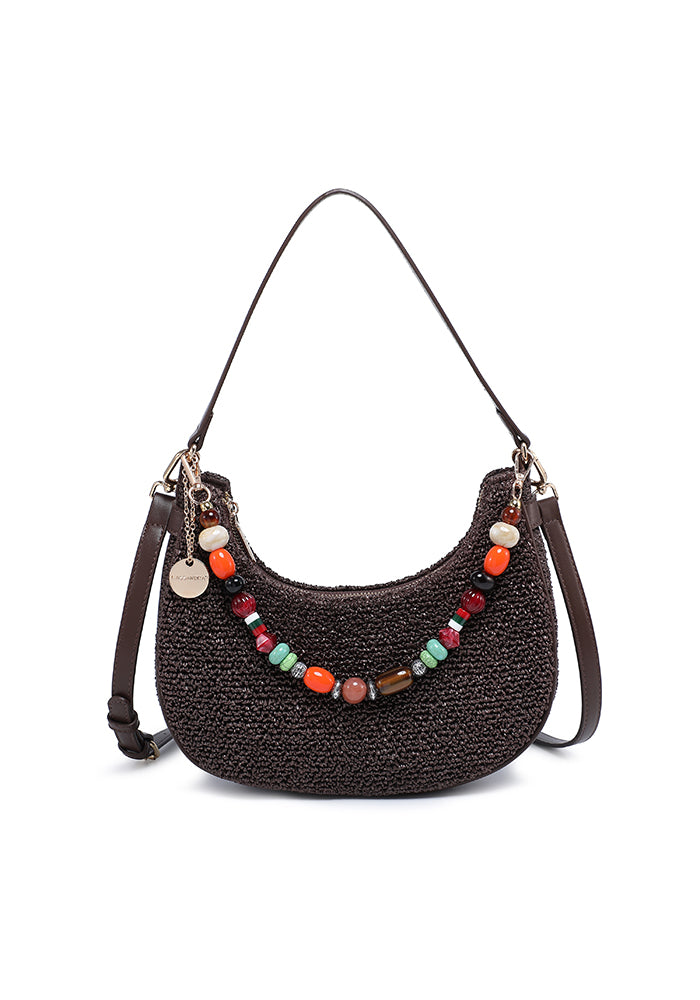 KASSANDRA Beaded Accent Crochet Hobo Bag Dark Brown