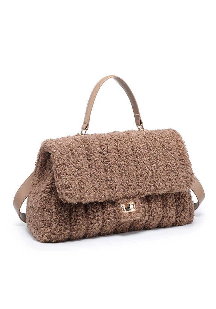 Teddy Bouclé Flap Satchel with Turn-Lock