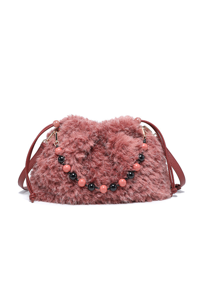 Teddy Bouclé Beaded-Handle Drawstring Shoulder Bag
