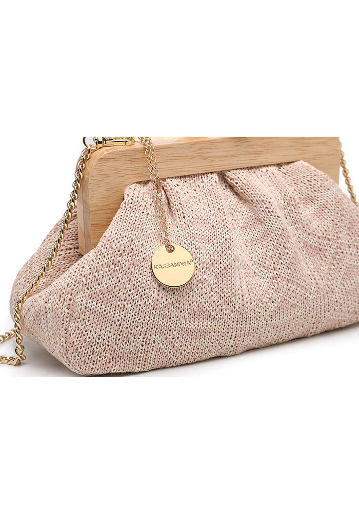 KASSANDRA Elegant Textured Fabric Clutch with Wooden Frame