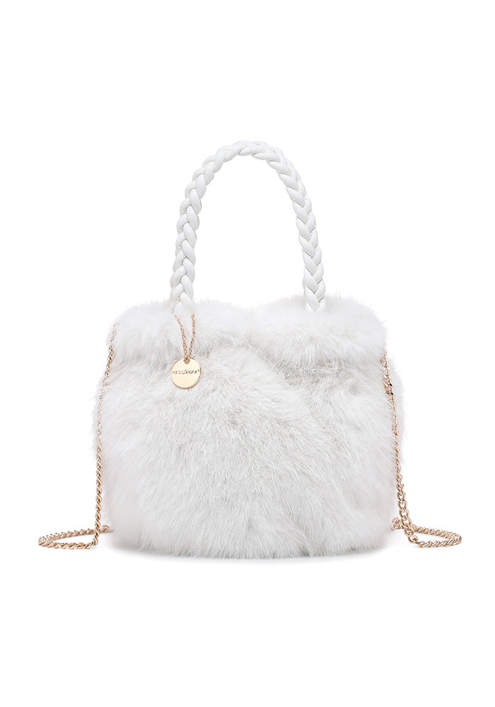 Faux Fur Braided-Handle Mini Bucket Tote