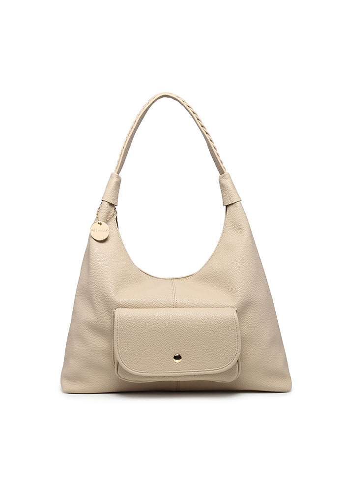 KASSANDRA Minimalist Sleek Hobo Bag in Soft Pebbled Leather Beige
