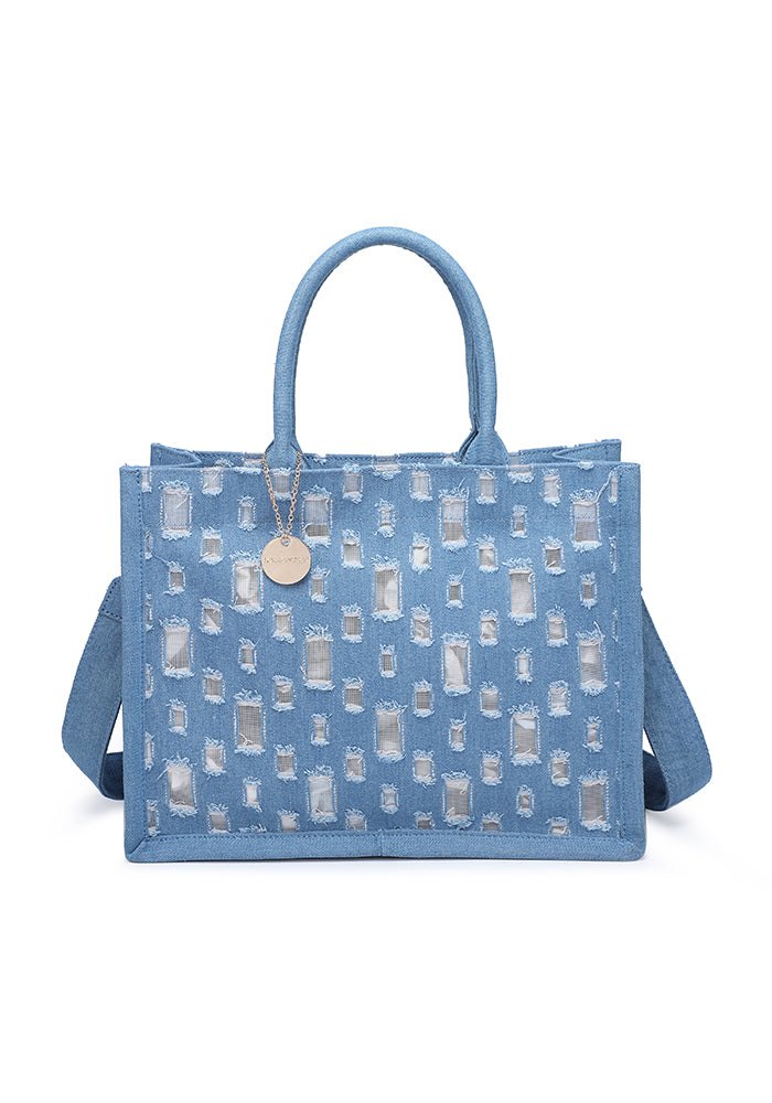KASSANDRA Stylish Denim Textured Tote Bag with Gold Accent Navy