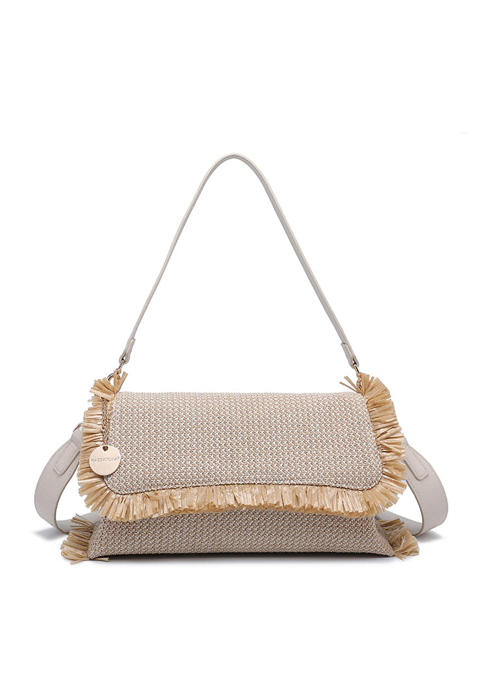 KASSANDRA Chic Fringe Flap Shoulder Bag with Textured Woven Design Beige