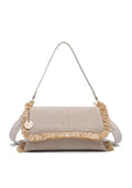 KASSANDRA Chic Fringe Flap Shoulder Bag with Textured Woven Design Beige