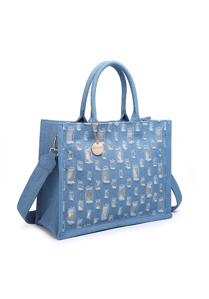 KASSANDRA Stylish Denim Textured Tote Bag with Gold Accent