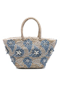 KASSANDRA Chic Blue Floral Embroidered Straw Beach Tote Bag Navy