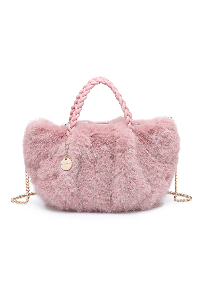 Faux Fur Braided-Handle Chain Tote