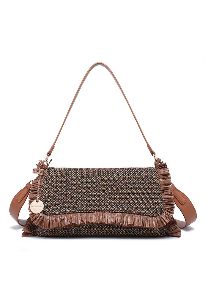 KASSANDRA The Salina – Fringe Woven Shoulder Bag Dark Brown