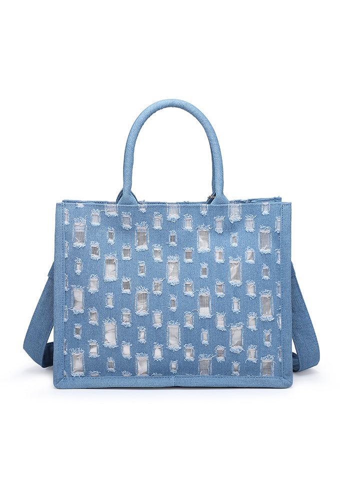 KASSANDRA Stylish Denim Textured Tote Bag with Gold Accent