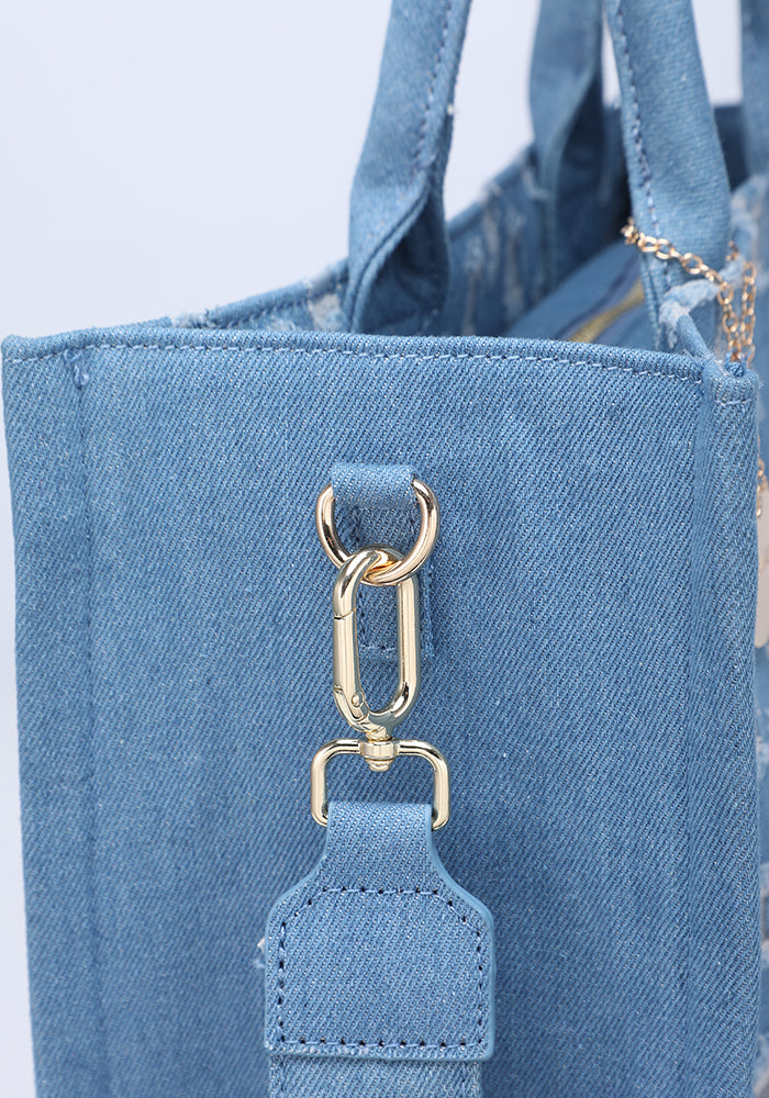 KASSANDRA Stylish Denim Textured Tote Bag with Gold Accent