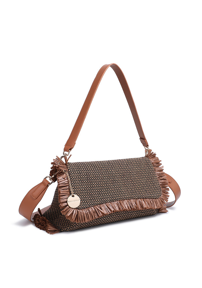 KASSANDRA Chic Fringe Flap Shoulder Bag with Textured Woven Design
