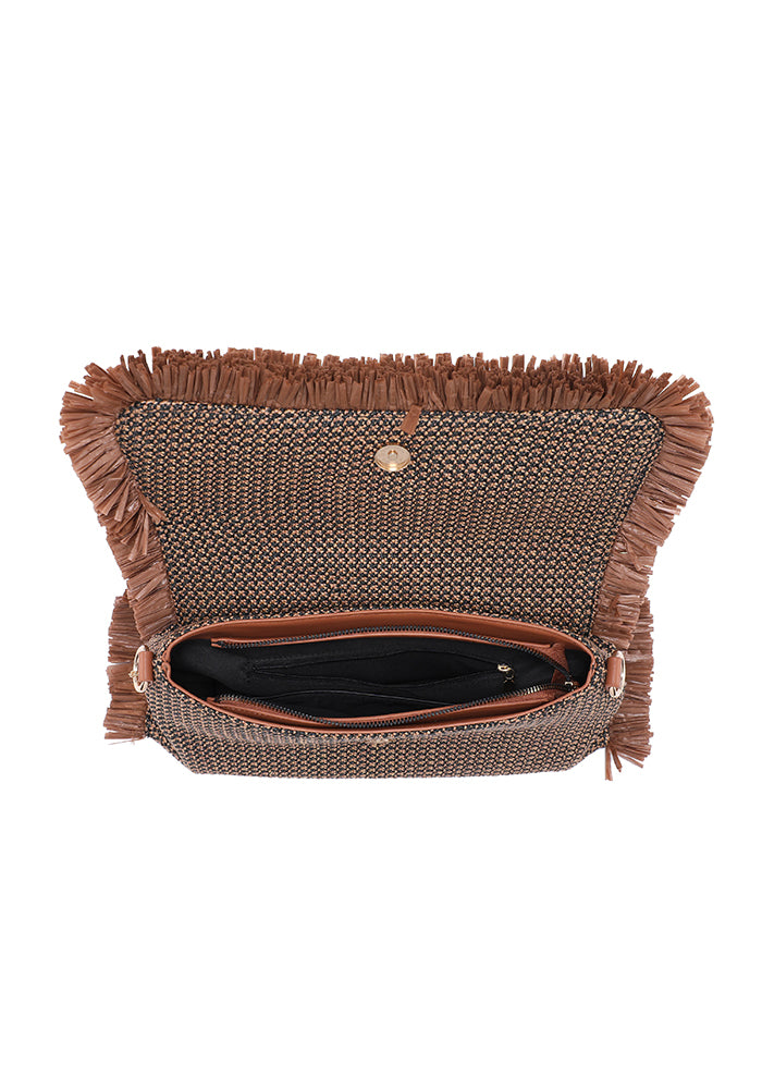 KASSANDRA Chic Fringe Flap Shoulder Bag with Textured Woven Design
