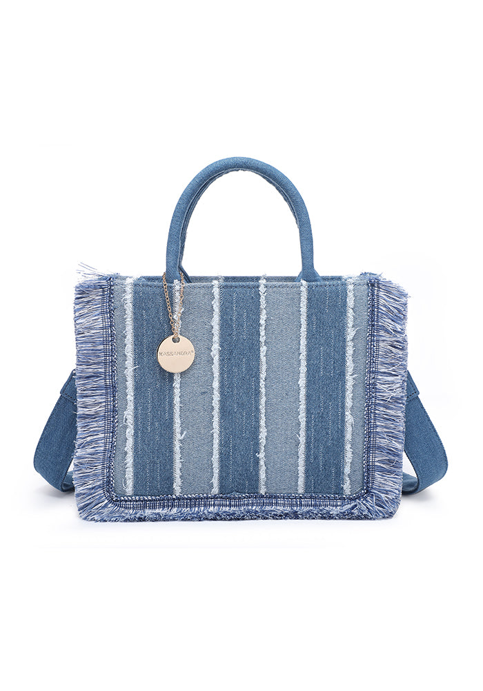 KASSANDRA Fringed Striped Denim Mini Tote Bag White