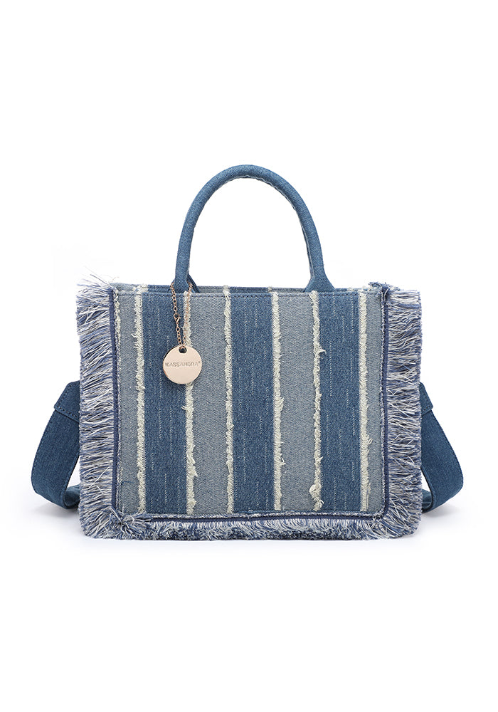 KASSANDRA Fringed Striped Denim Mini Tote Bag Beige