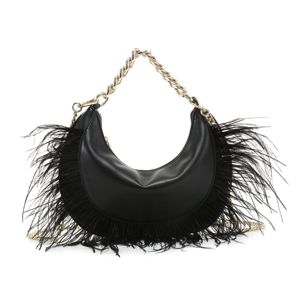 KASSANDRA Feather Trim Chain Luxury Series Crescent Bag Black