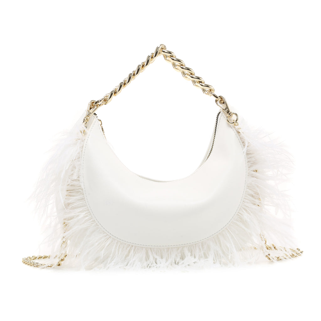 KASSANDRA The Stromboli – Feather Trim Evening Bag White