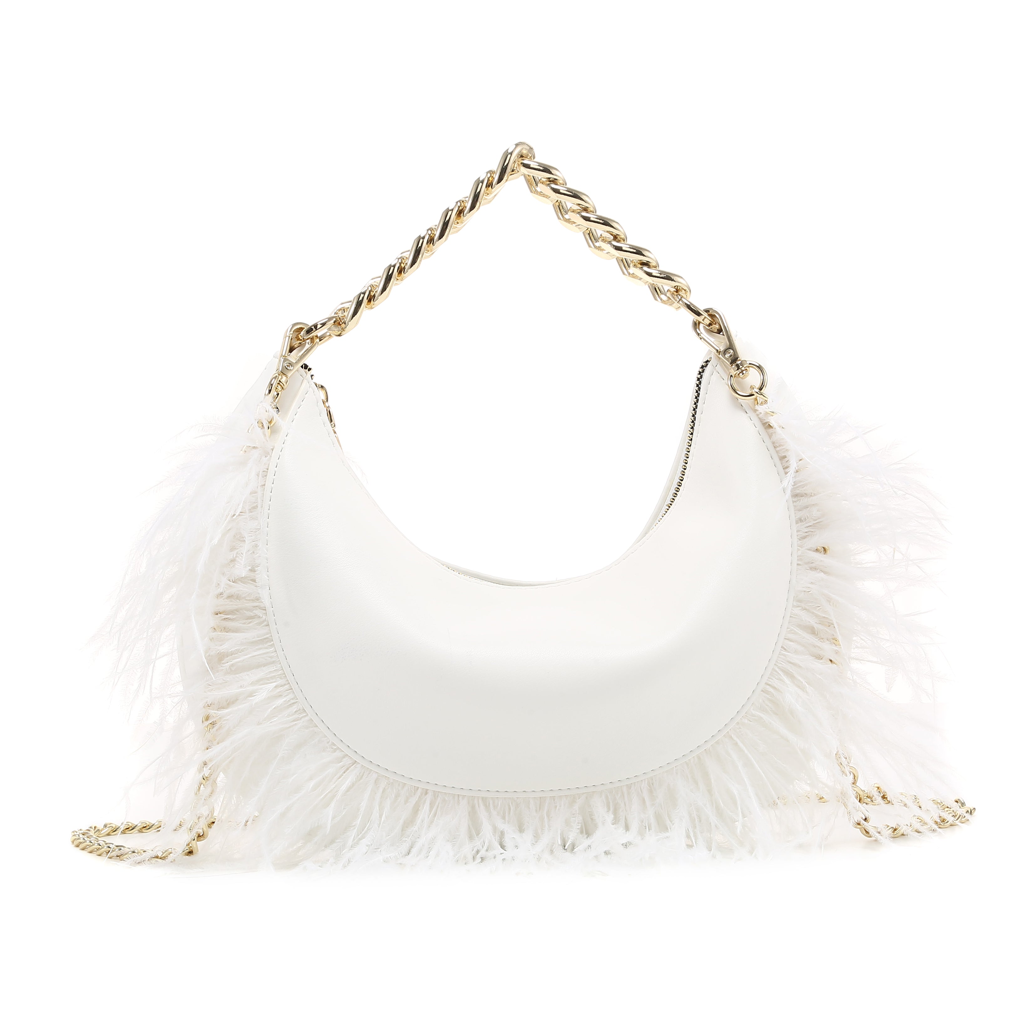 KASSANDRA Feather Trim Chain Luxury Series Crescent Bag White