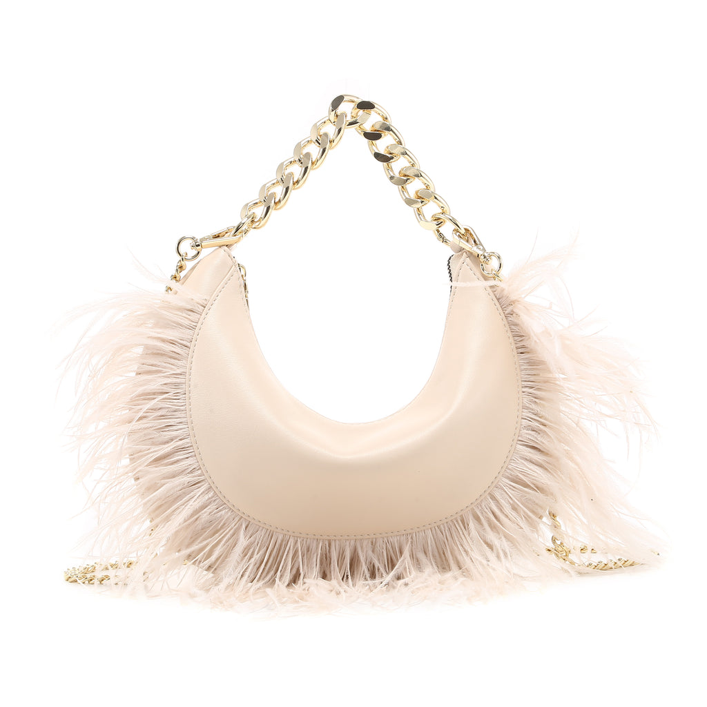 KASSANDRA The Stromboli – Feather Trim Evening Bag Beige