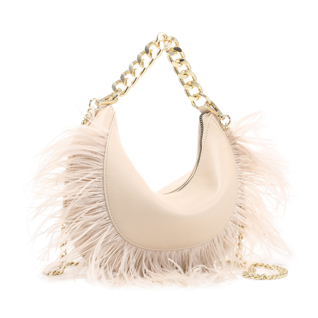 KASSANDRA Feather Trim Chain Luxury Series Crescent Bag