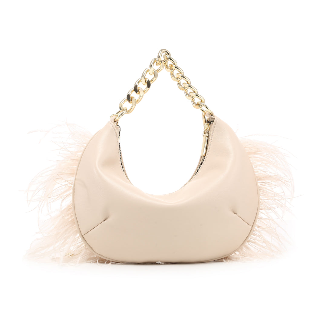 KASSANDRA Feather Trim Chain Luxury Series Crescent Bag