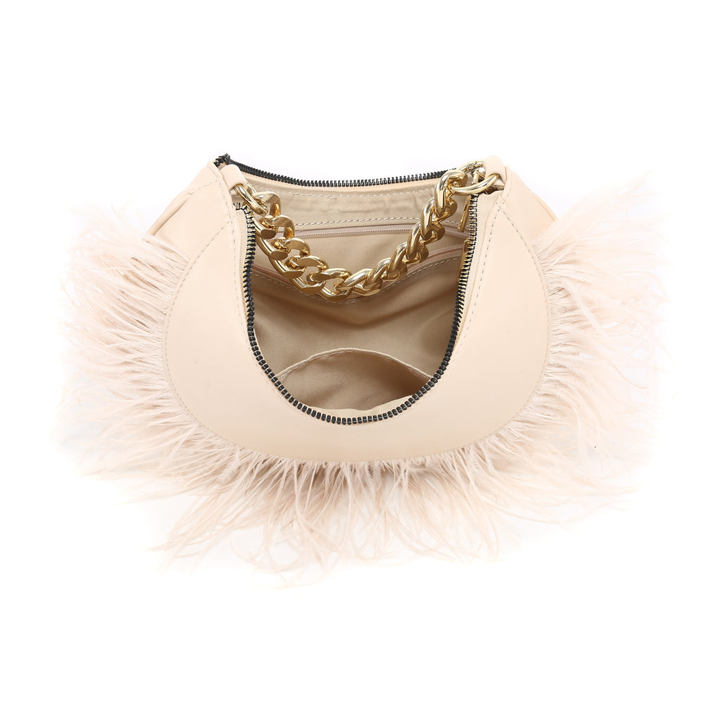 KASSANDRA Feather Trim Chain Luxury Series Crescent Bag
