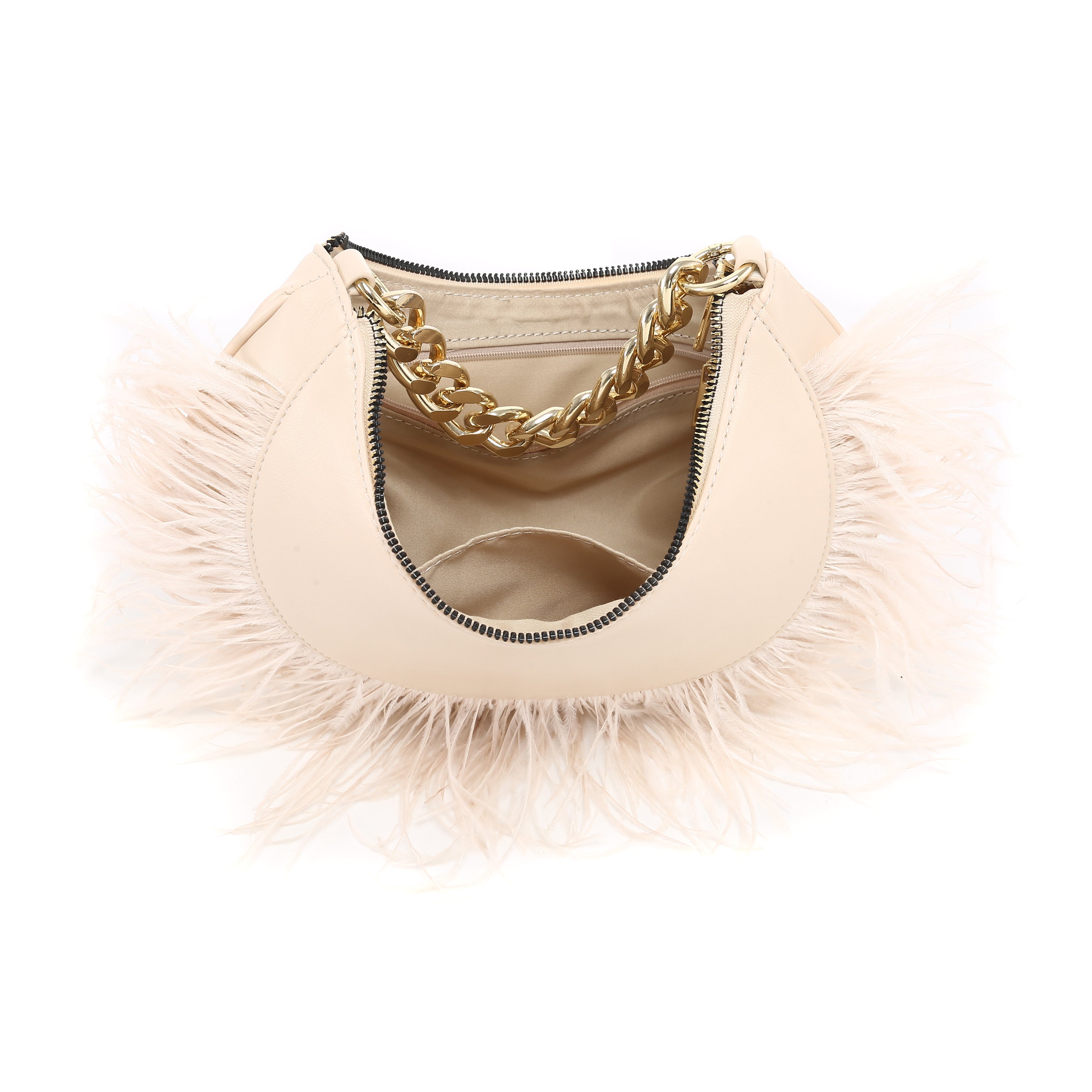 KASSANDRA Feather Trim Chain Luxury Series Crescent Bag