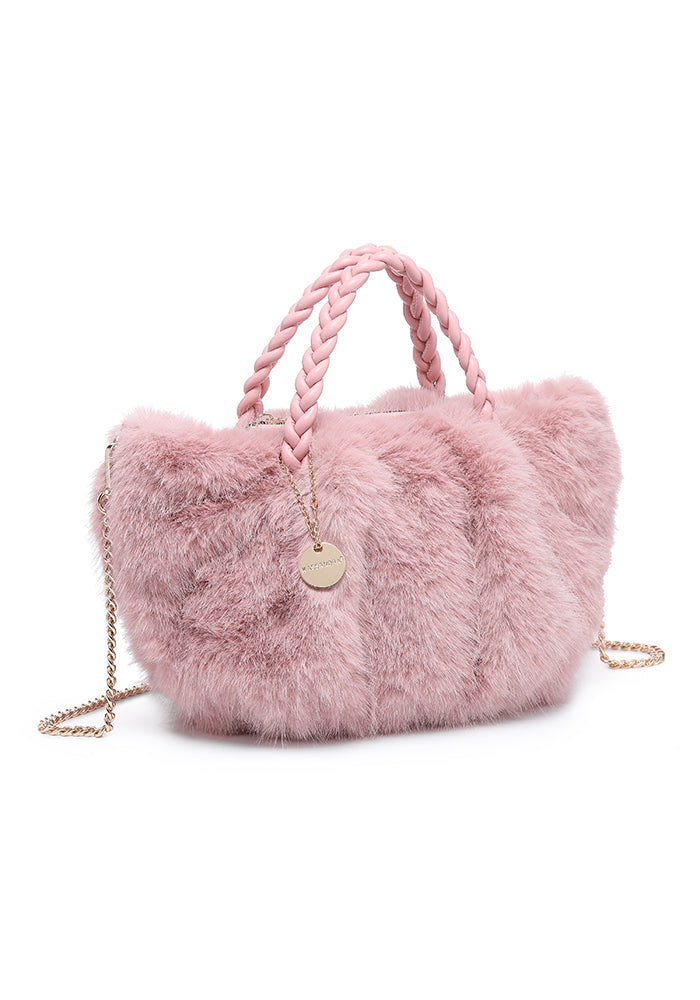 Faux Fur Braided-Handle Chain Tote