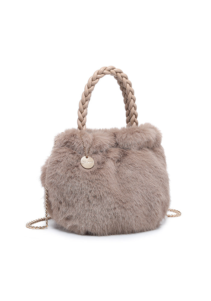 Faux Fur Braided-Handle Mini Bucket Tote